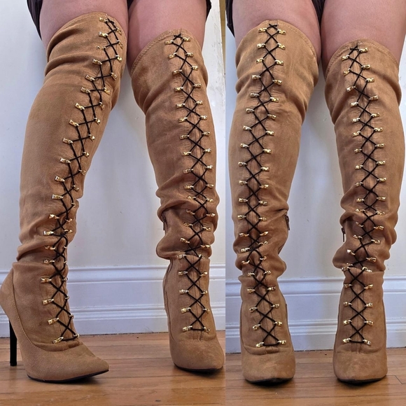 Shoe Dazzle Shoes - ☆Shoe Dazzle Camel Lace-Up Over-the-Knee Boots☆